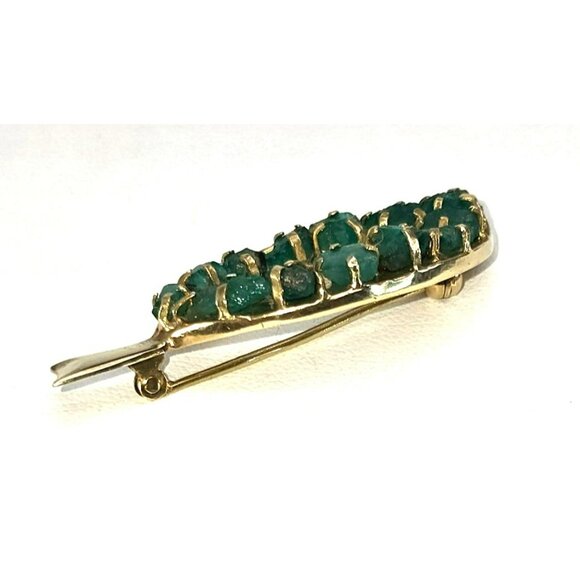 Raw Emerald Brooch Pin 18k Yellow Gold Leaf Shape Vintage Artisan STUNNING LI613 - Picture 13 of 15